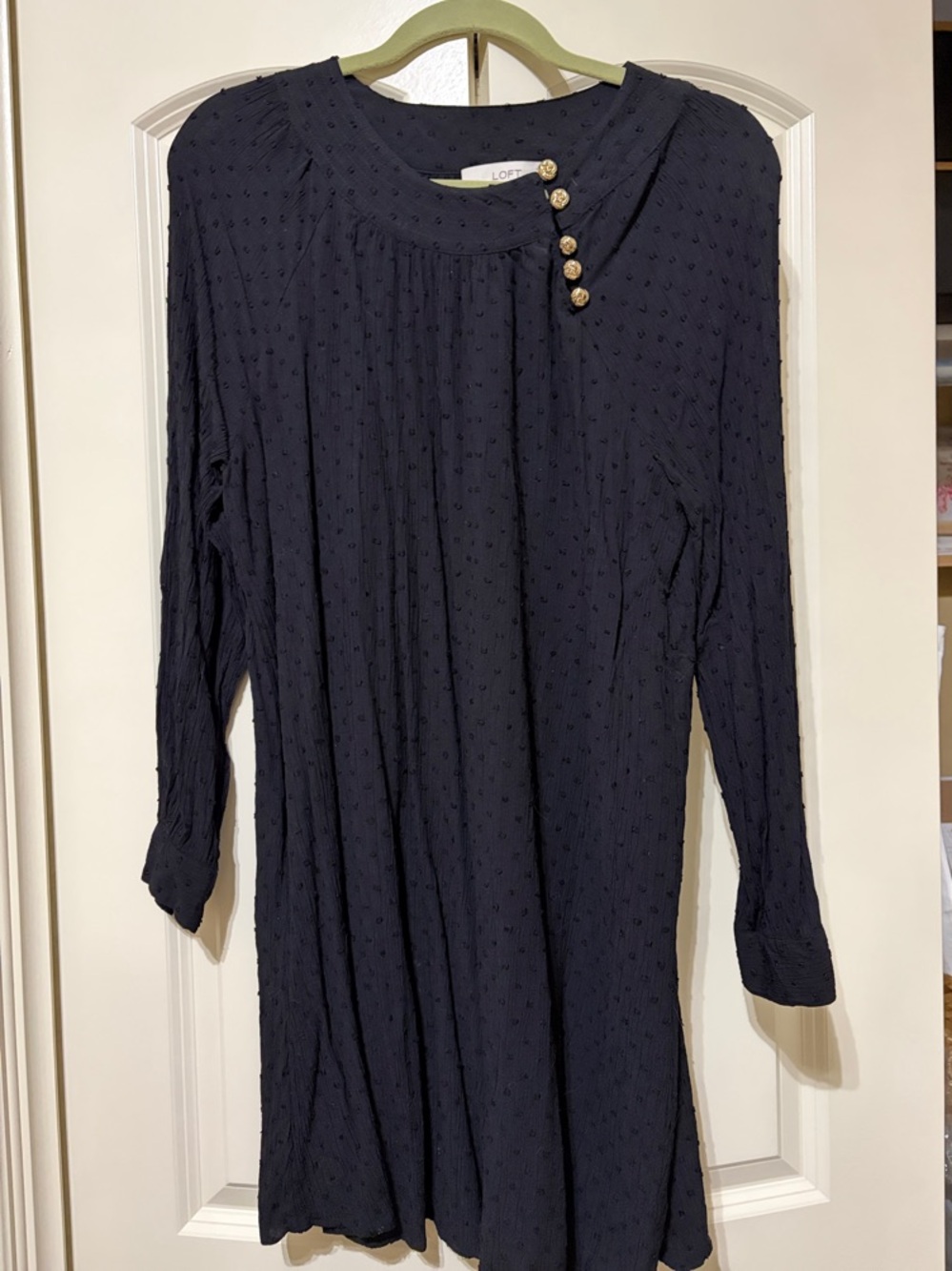 LOFT Black Long Sleeve Swiss Dot Dress with Gold Buttons